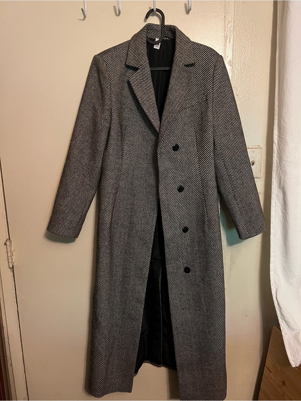 Women’s Black & White Herringbone Pea Coat - Classic Long Overcoat